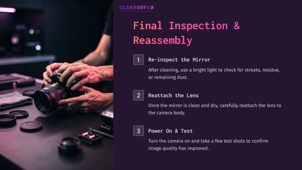 Hands Inspecting A Camera And Lens On A Dark Workspace, With Steps Highlighted In White And Purple Text For Cleaning And Testing.