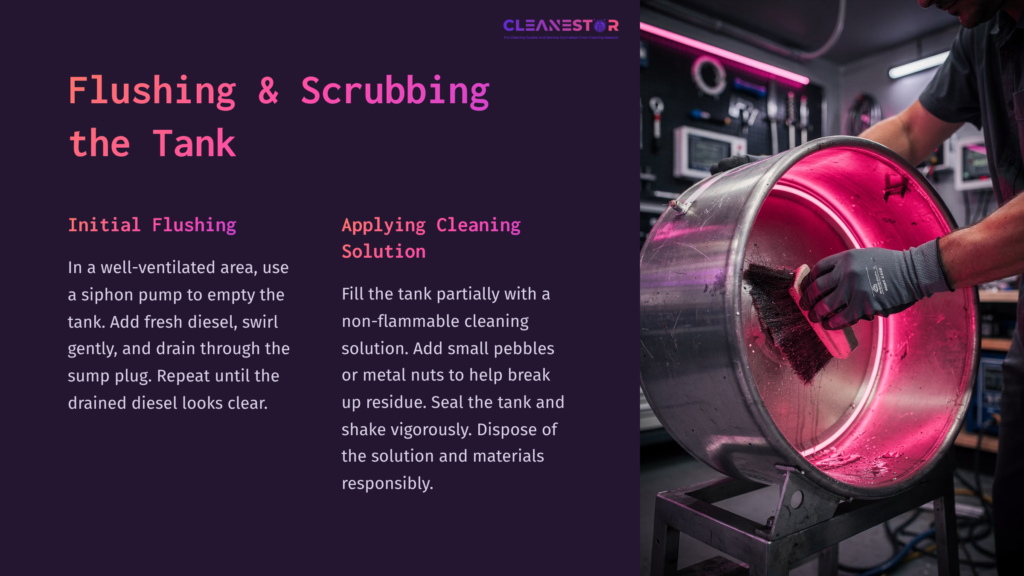 6 Flushing And Scrubbing The Tank Metal Fuel Tank Being Scrubbed With A Brush. Bright Purple Text Highlights Cleaning Steps Against A Dark, Industrial Background.