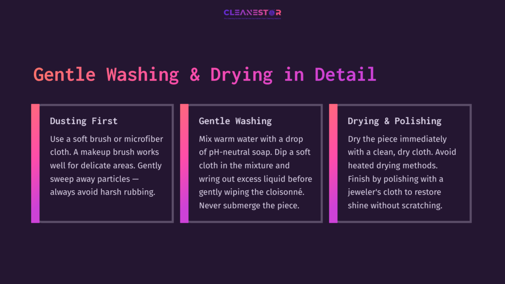 Three Colorful Boxes On A Dark Purple Background, Detailing Steps For Cleaning Cloisonné: Dusting, Gentle Washing, And Drying &Amp; Polishing.