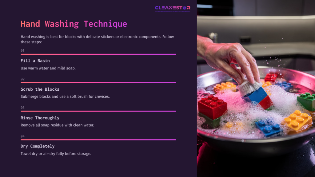 A Hand Washing Technique Guide With Colorful Mega Bloks In Soapy Water, Featuring Steps For Cleaning In A Bright, Modern Setting.
