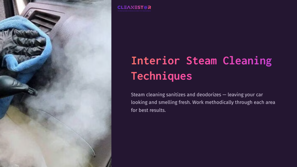 Steam Cleaning A Car Interior With A Blue-Gloved Hand Directing Steam Onto A Vehicle'S Dashboard, Surrounded By Wisps Of Steam.