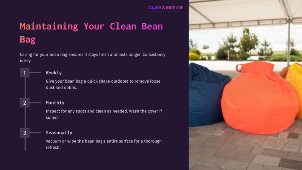 Colorful Bean Bags In Orange, Yellow, And Blue Are Arranged Under A Canopy, Alongside Text Listing Cleaning Tips.
