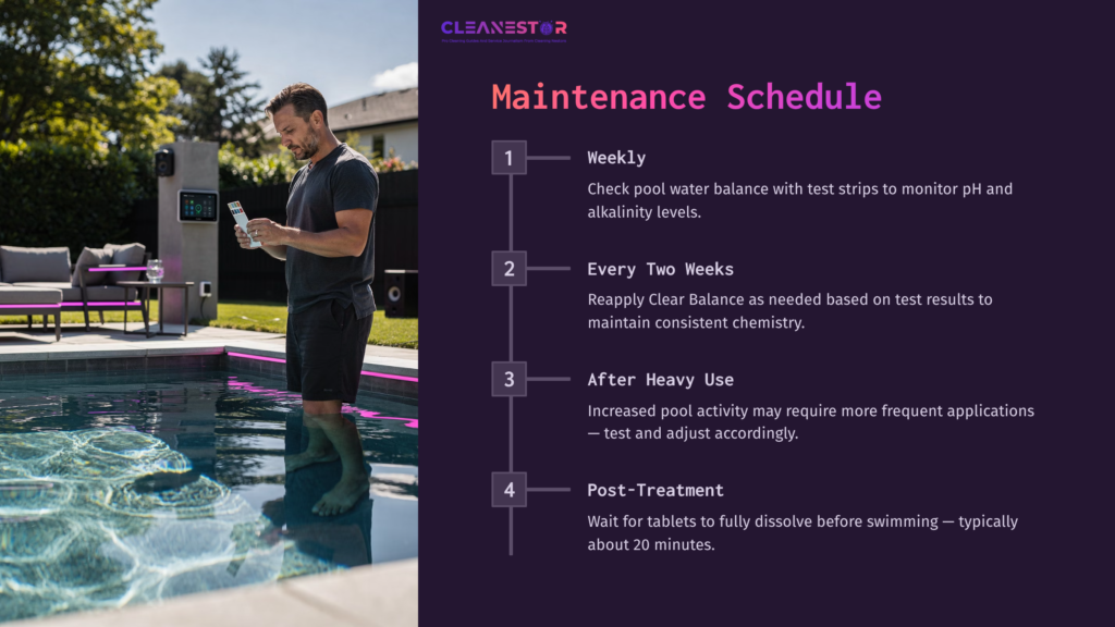 Man Checking A Smartphone By A Pool, With A Vibrant Landscape In The Background. Text Outlines A Maintenance Schedule For Pool Care.