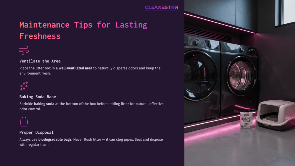 A Modern Laundry Room Featuring A Washing Machine, Sleek Black Surfaces, Pink Lighting, And A Litter Box Beside Baking Soda.