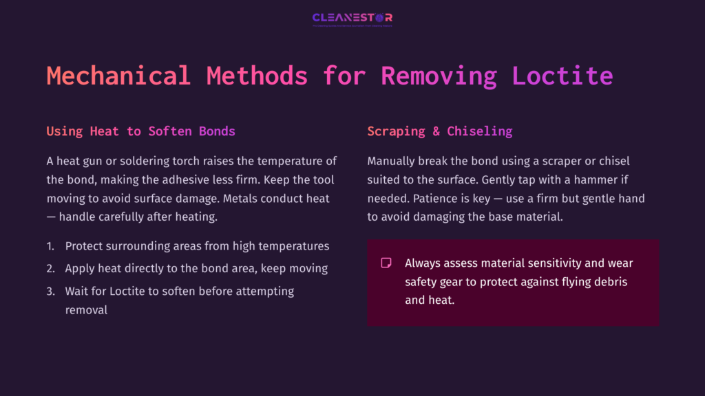 Text Instructions On Removing Loctite, Featuring A Torch, Tools, And A Warning About Safety Gear, Set Against A Purple Background.