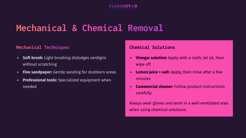 Infographic Outlining Methods For Cleaning Verdigris, Featuring Tips On Mechanical Removal And Chemical Solutions In Contrastive Colors.