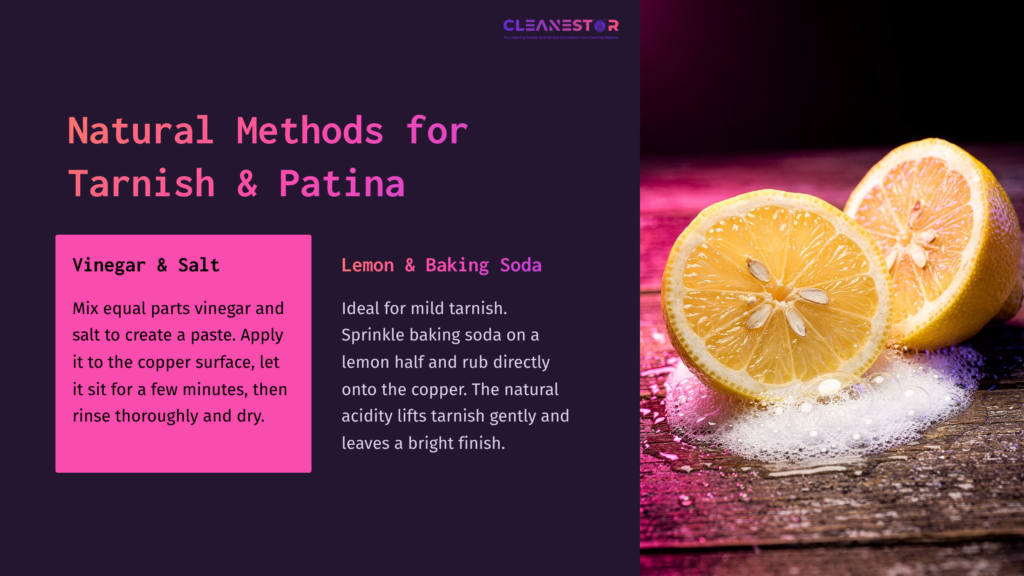 A Split Layout Featuring A Lemon Half With Salt And Bubbly Residue On One Side, And Text On Natural Tarnish Cleaning Methods On The Other.