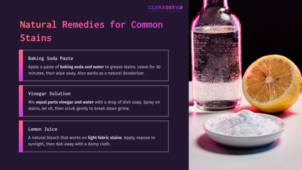 Glass Bottle Filled With Liquid, Lemon Half, White Powder, And Text Detailing Natural Cleaning Remedies For Car Seats.