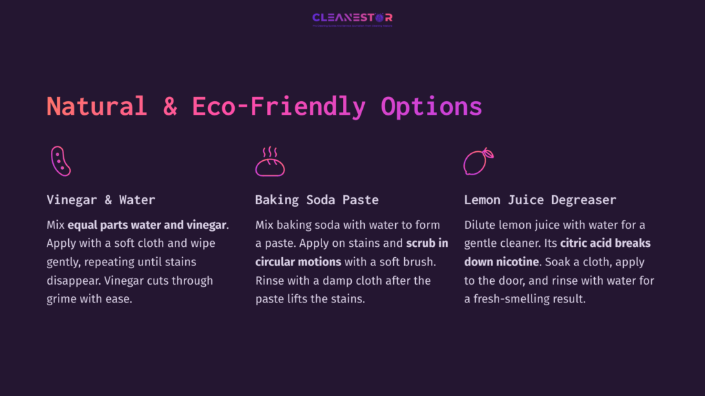 Text On A Dark Background Lists Natural Cleaning Solutions For Removing Nicotine Stains, Featuring Icons For Vinegar, Baking Soda, And Lemon Juice.
