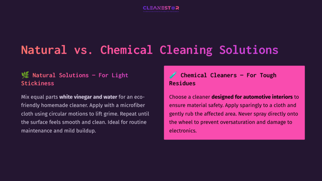 Text Block Comparing Natural And Chemical Cleaning Solutions For Steering Wheel Maintenance, With Pink And Purple Backgrounds And Clear Headings.