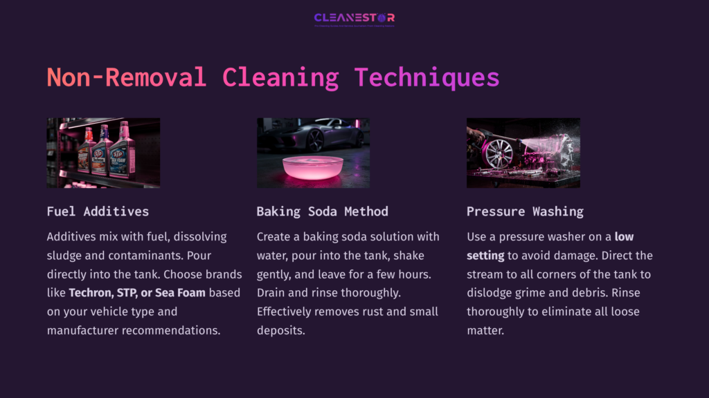 Visual Guide On Fuel Tank Cleaning Without Removal, Featuring Colorful Cleaning Products, A Baking Soda Solution Method, And Pressure Washing Tips.