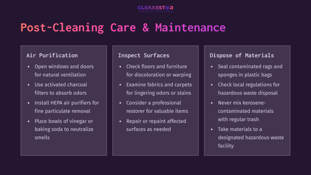 Three Sections On Post-Cleaning Care And Maintenance, Featuring Dark Background, White And Purple Text, With Bullet Points On Air Purification, Surface Inspection, And Material Disposal.