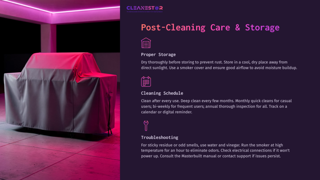 A Covered Masterbuilt Smoker In A Well-Lit Space With Neon Purple Lighting. Text Outlines Post-Cleaning Care And Storage Tips.