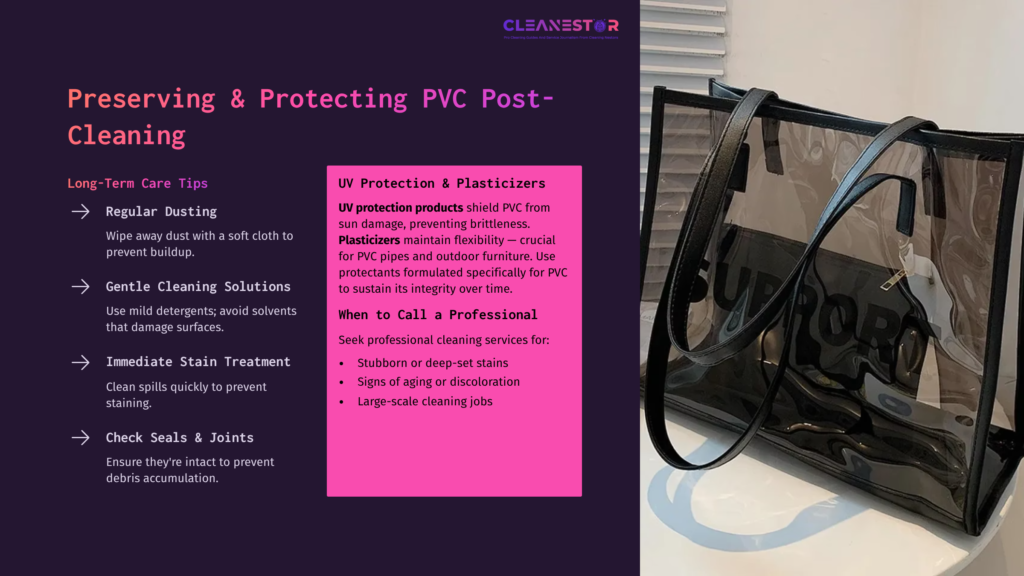 6 Preserving And Protecting Pvc Post Cleaning A Stylish Transparent Black Tote Bag On A Table, Accompanied By Cleaning Instructions And Tips In Pink And White Text.