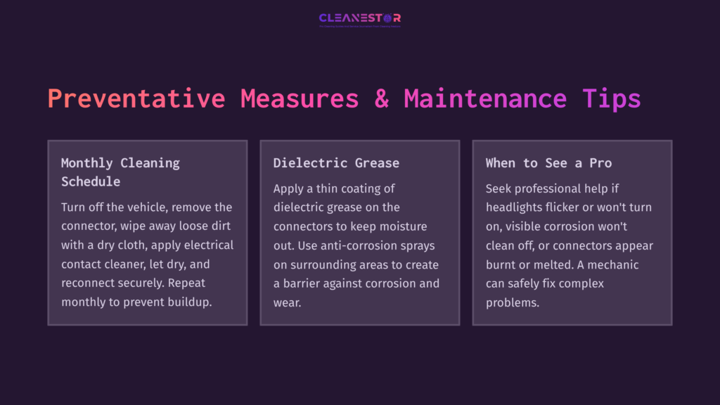 6 Preventative Measures And Maintenance Tips Three Informational Boxes Outlining Preventive Measures For Headlight Connector Maintenance. Background Features A Dark Gradient, With White And Purple Text.