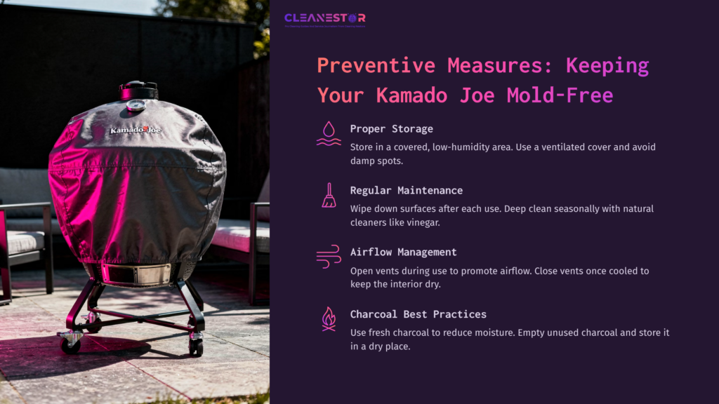 A Kamado Joe Grill Covered With A Protective Cover, Set On A Stand Outdoors, With Text Outlining Mold Prevention Tips.