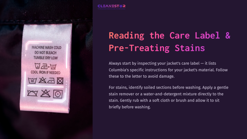 Close-Up Of A Care Label On A Columbia Jacket, Detailing Washing Instructions And Symbols Against A Dark Background.
