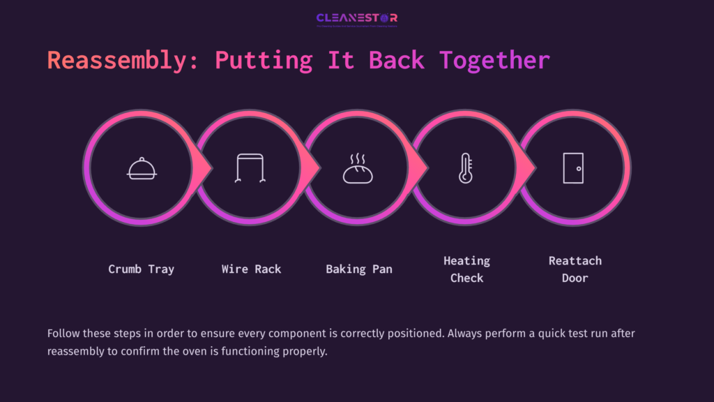 Infographic Detailing Toaster Oven Reassembly Steps: Icons For Crumb Tray, Wire Rack, Baking Pan, Heating Check, And Door Reattachment.