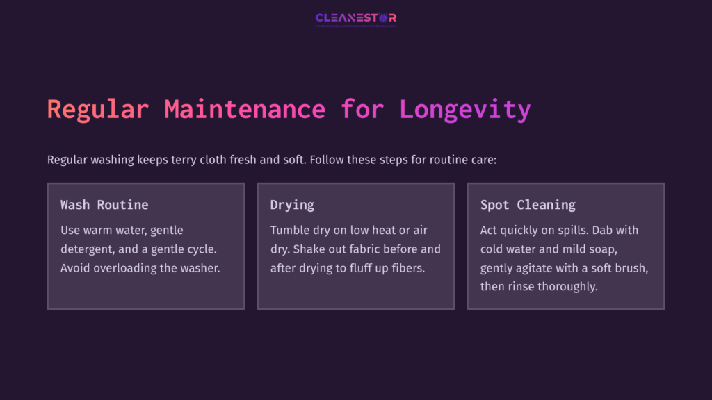 Purple Background With White And Pink Text Outlining Maintenance Tips For Terry Cloth: Washing, Drying, And Spot Cleaning.