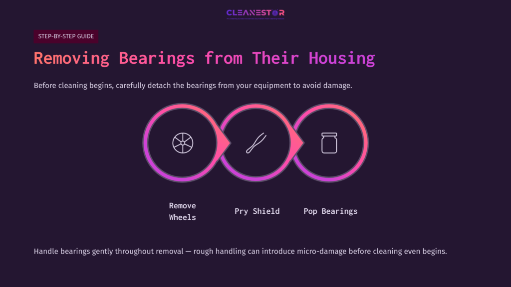 Step-By-Step Guide On Cleaning Ceramic Bearings, Featuring Icons For Removing Wheels, Prying Shields, And Popping Bearings, Set Against A Dark Background.