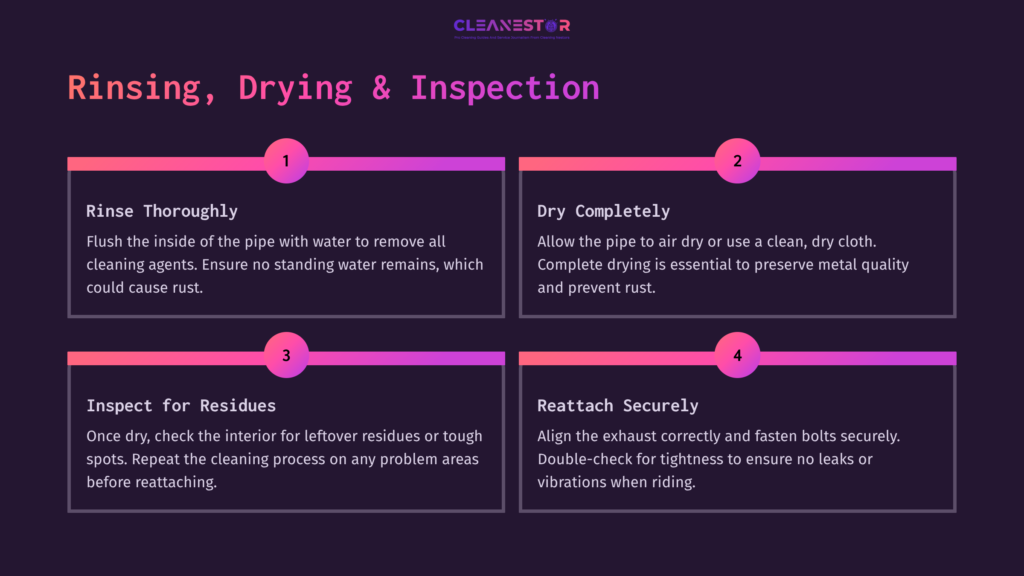 6 Rinsing Drying And Inspection Step-By-Step Guide For Cleaning A Motorcycle Exhaust Pipe, Featuring Numbered Sections With Vibrant Backgrounds And Clear Instructions.