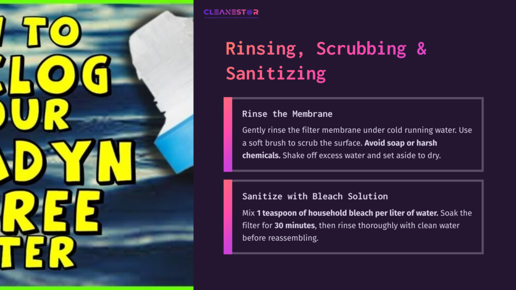 Bright Blue Background With A Water Filter, Instructions On Rinsing And Sanitizing A Katadyn Befree Filter, Highlighted Text In Pink Boxes.