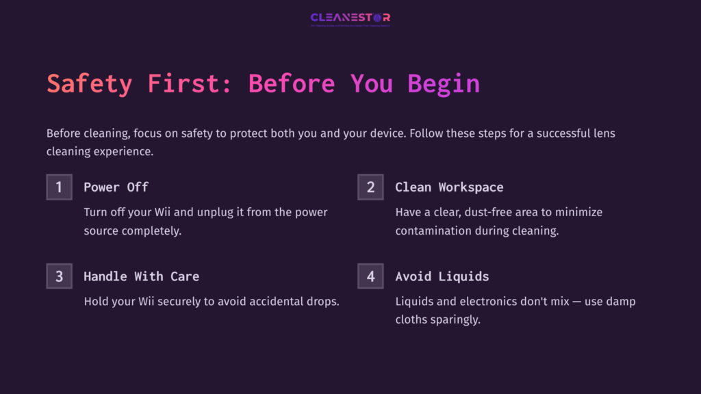 Purple Background With White Text Outlining Safety Tips For Cleaning A Wii Lens: Power Off, Clean Workspace, Handle With Care, Avoid Liquids.