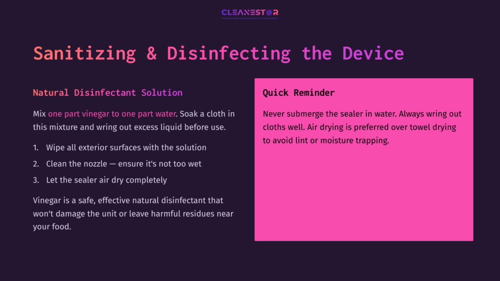 Instructions For Cleaning A Foodsaver Handheld Sealer, Featuring Text On A Dark Background With Pink Highlights And A Clear Layout.