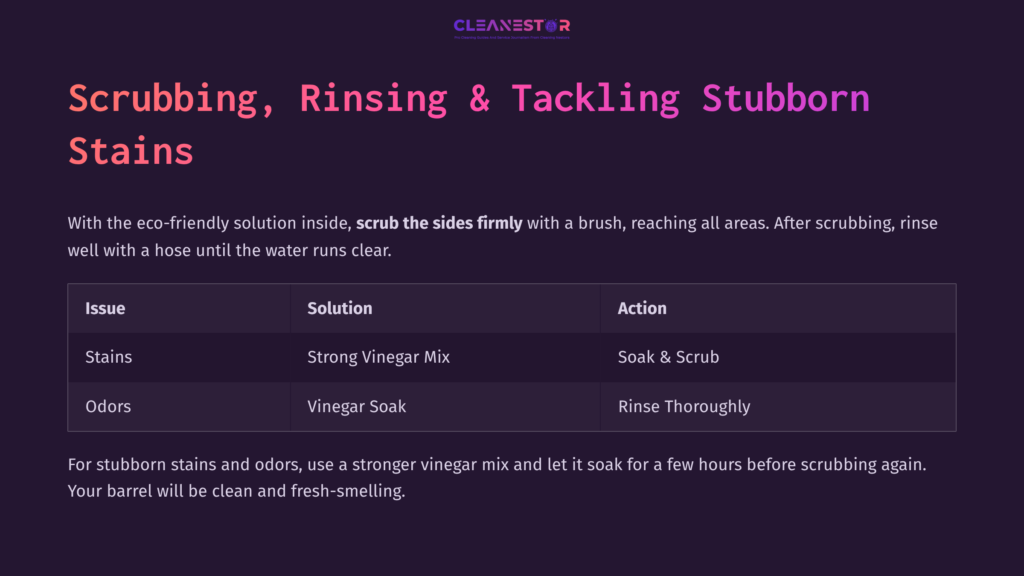 Instructions On Cleaning A Rain Barrel, Highlighting Scrubbing Techniques, Solutions, And Actions, With A Dark Background And Contrasting Text.