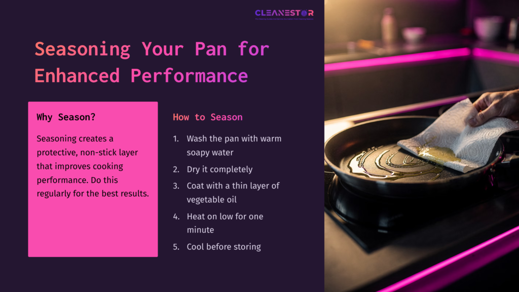 6 Seasoning Your Pan For Enhanced Performance A Gotham Steel Pan On A Dark Countertop With A Warm Soapy Solution And Oil, Illuminated By Pink Lights, With Seasoning Instructions.
