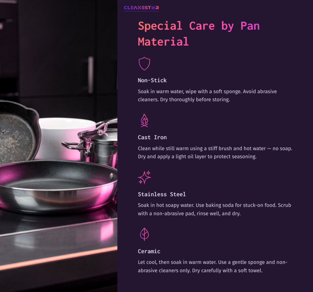 A Modern Kitchen Setting With Various Pans And Cleaning Tips On A Dark Backdrop; Highlights Non-Stick, Cast Iron, Stainless Steel, And Ceramic Care.