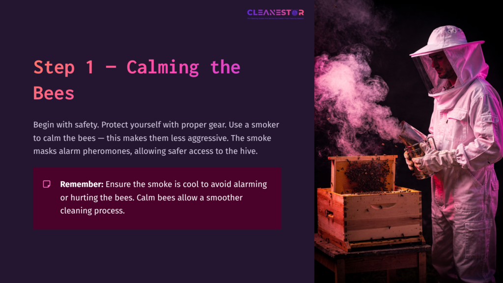 A Person In A White Protective Suit Uses A Smoker Near A Wooden Beehive, Surrounded By Swirling Smoke And Dark Purple Background.