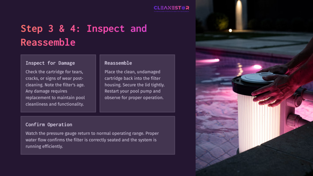 Cartridge Filter Next To A Pool, Illuminated With Pink Lights. Text On The Left Details Inspection And Reassembly Steps For Maintenance.