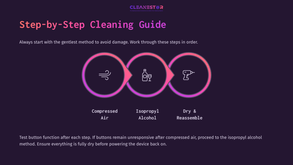 6 Step By Step Cleaning Guide Step-By-Step Guide For Cleaning 3Ds Shoulder Buttons, Featuring Icons For Compressed Air, Isopropyl Alcohol, And Reassembly On A Purple Background.