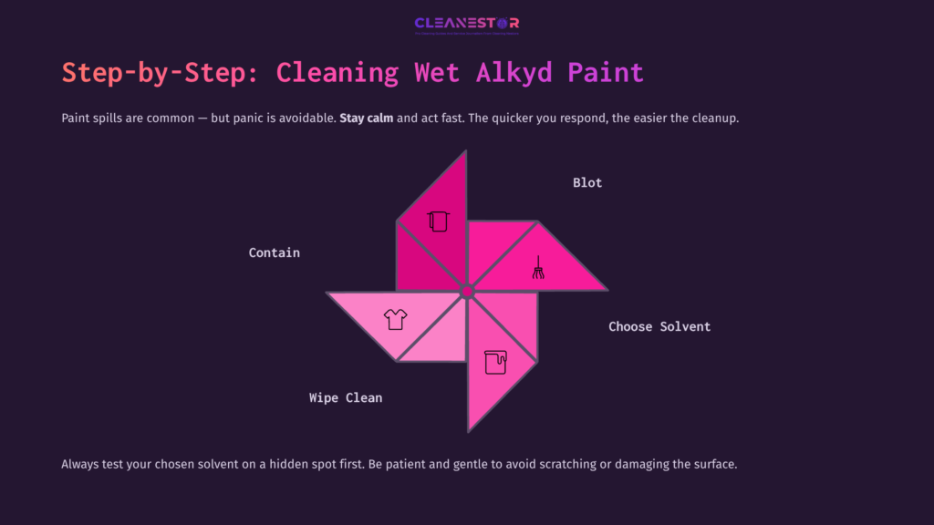 6 Step By Step Cleaning Wet Alkyd Paint Step-By-Step Guide On Cleaning Wet Alkyd Paint, Featuring Pink And Purple Graphics Illustrating Blot, Contain, Choose Solvent, And Wipe Clean.