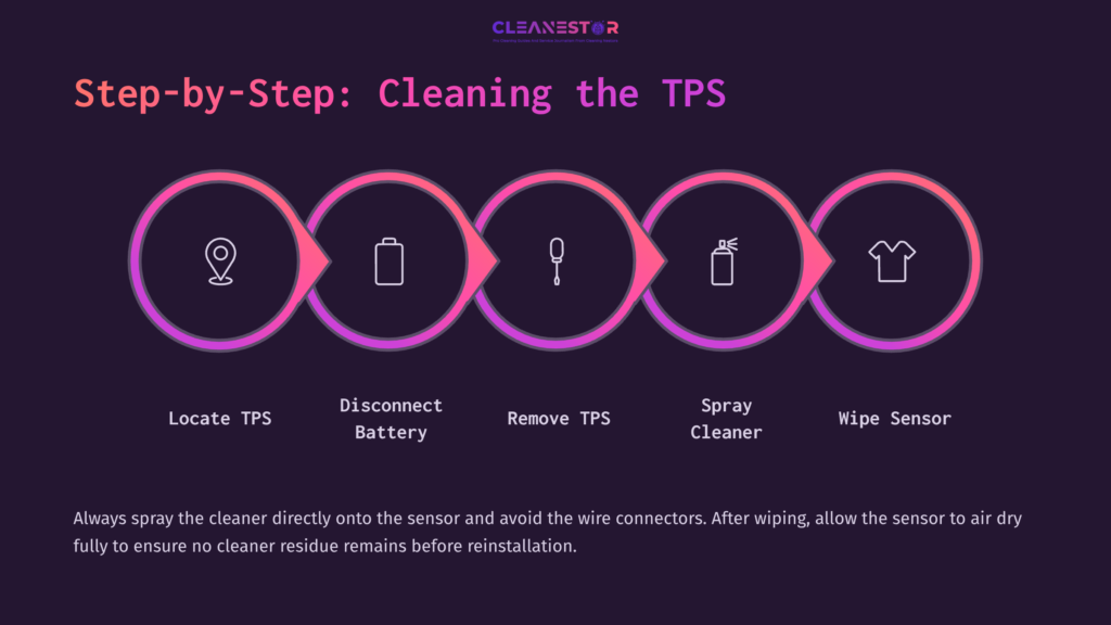 Step-By-Step Guide With Five Pink Icon Outlines Detailing Cleaning A Throttle Position Sensor, Featuring Icons For Each Task.