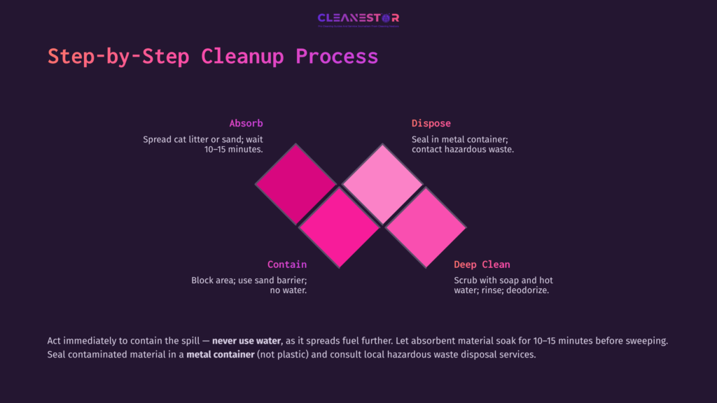 Graphic Depicting A Step-By-Step Cleanup Process For Spilled Tiki Torch Fuel, Featuring Pink Diamonds With Text Instructions On Absorb, Contain, Deep Clean, And Dispose.
