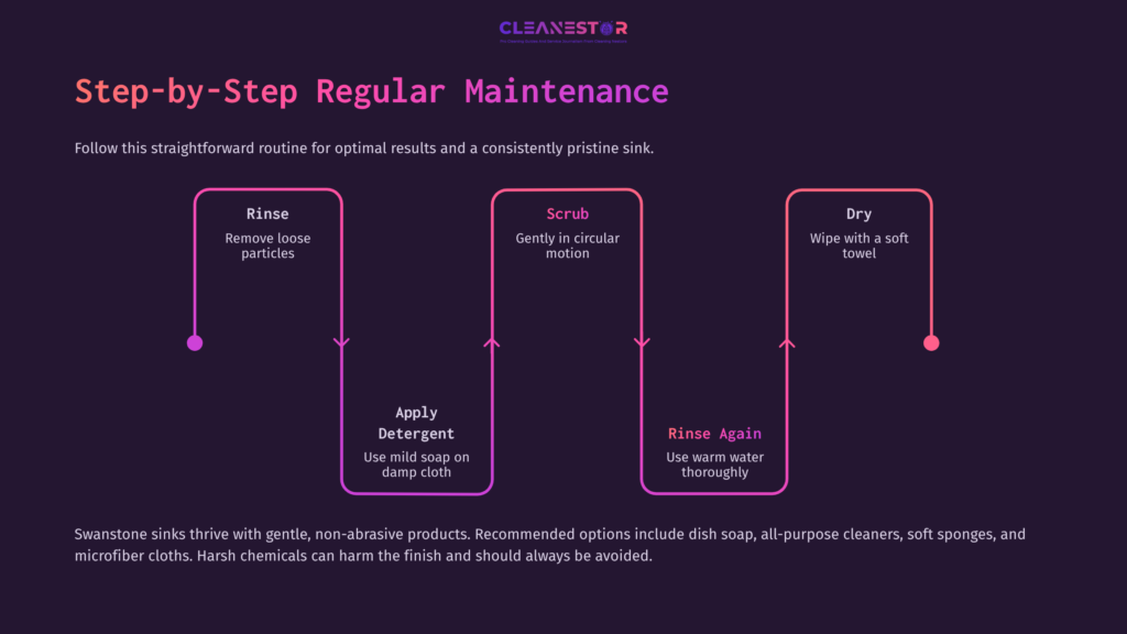 6 Step By Step Regular Maintenance Flowchart Detailing A Regular Maintenance Routine For Swanstone Sinks, Featuring Steps: Rinse, Scrub, Apply Detergent, Rinse Again, And Dry.