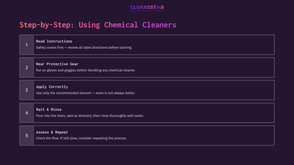 Step-By-Step Guide For Using Chemical Cleaners, Featuring Bold Headings In White On A Purple Background And Numbered Instructions.