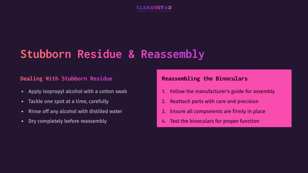 Purple Background With Pink Text Detailing Cleaning And Reassembling Binoculars, Featuring Steps For Dealing With Stubborn Residue.