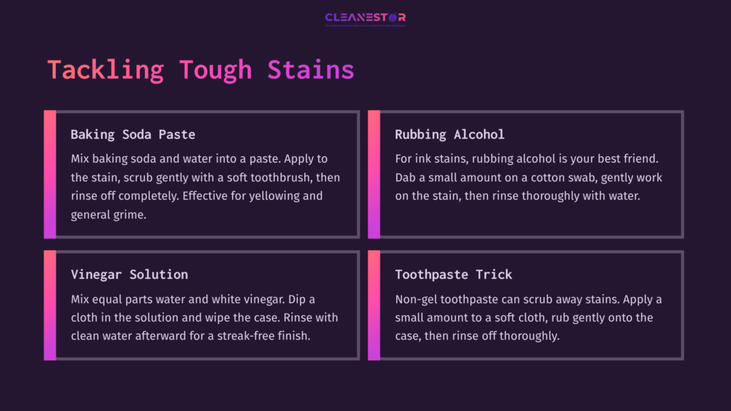 Four Rectangular Sections With Pastel-Colored Backgrounds Detail Cleaning Methods For Clear Phone Cases: Baking Soda Paste, Rubbing Alcohol, Vinegar Solution, And Toothpaste Trick. Text Is Highlighted In Pink And White.
