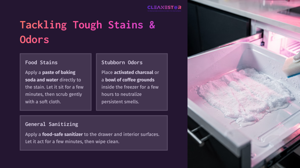 6 Tackling Tough Stains And Odors 1 A Freezer Drawer With Soapy Water And A Cleaning Cloth, Alongside Tips For Tackling Stains And Odors In A Purple And White Layout.