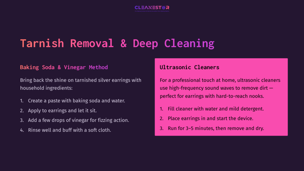 6 Tarnish Removal And Deep Cleaning Instructions For Cleaning Thrift Earrings, Featuring A Dark Background, Vibrant Text On Methods Like Baking Soda And Ultrasonic Cleaners.