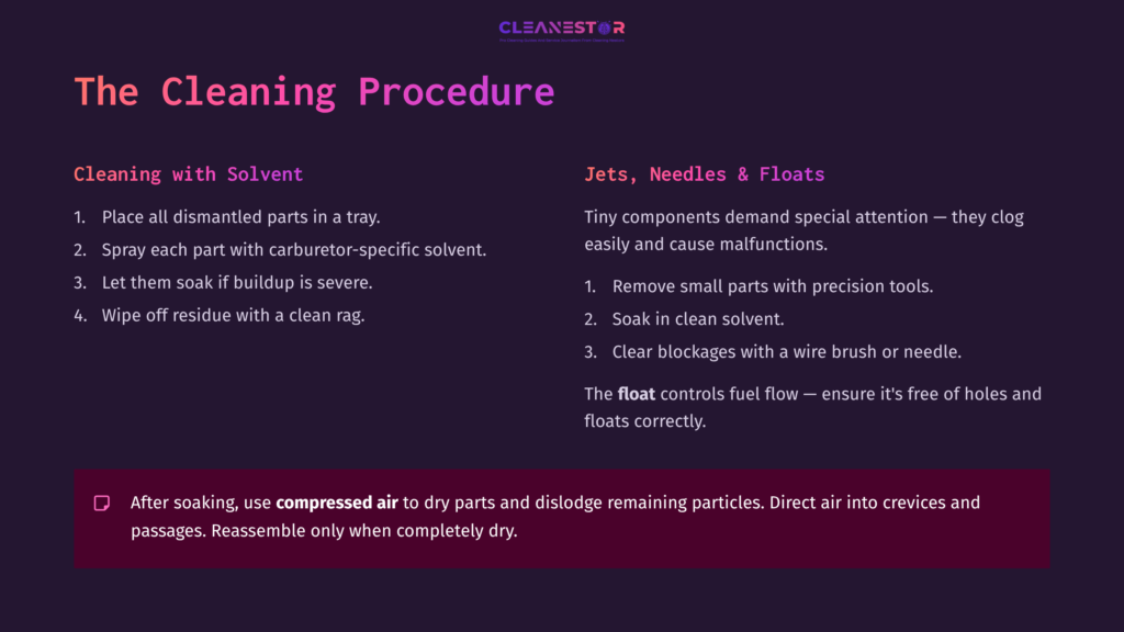 Cleaning Procedure Steps On A Dark Background, With White And Purple Text Detailing Carburetor Cleaning Using Solvent, Tools, And Instructions.