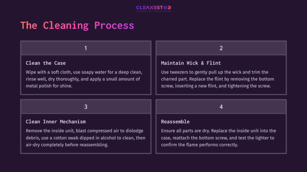 Instructions For Cleaning A Zippo Lighter, With Numbered Steps, Dark Background, And Clear, Colorful Text Detailing The Process.