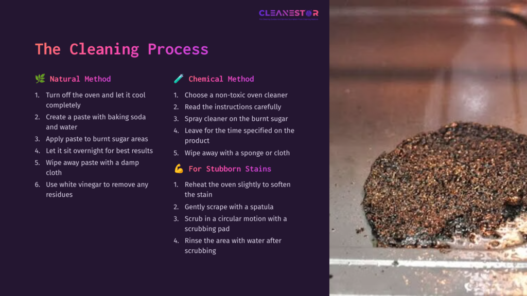 A Burnt Sugar Residue In An Oven Tray Next To Cleaning Steps In Purple And White Text, Emphasizing Natural And Chemical Cleaning Methods.