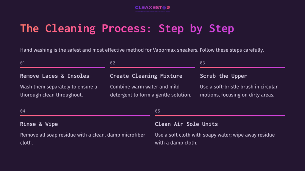 Step-By-Step Cleaning Guide For Vapormax Sneakers, Featuring Numbered Instructions On A Dark Background With Vibrant Text.
