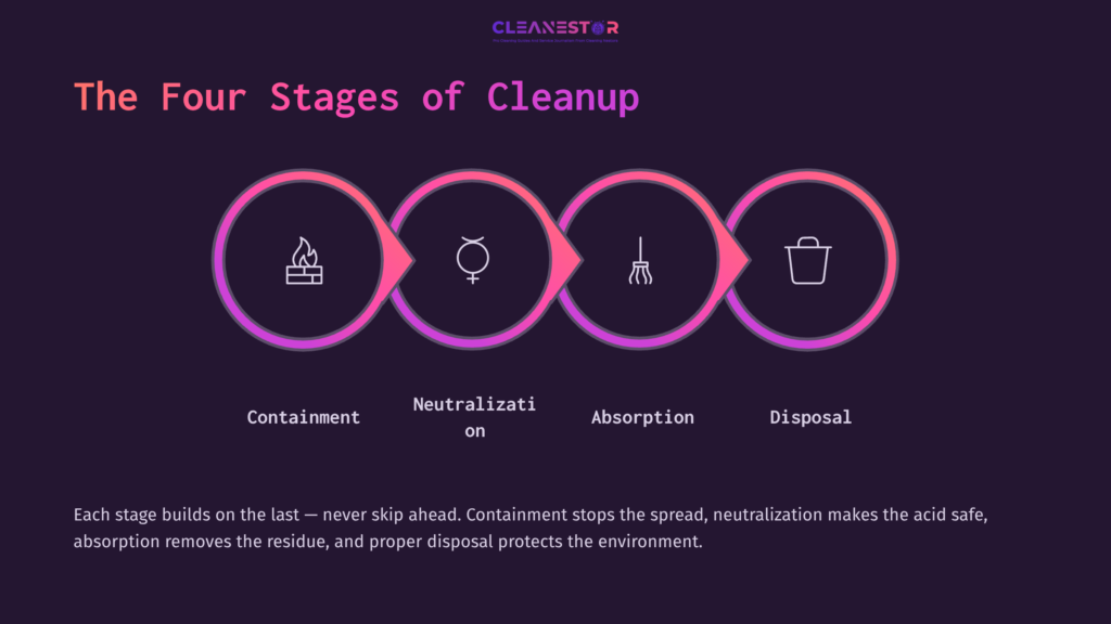 6 The Four Stages Of Cleanup Four Stages Of Sulfuric Acid Cleanup: Containment (Fire Icon), Neutralization (Beaker), Absorption (Broom), Disposal (Trash Bin).