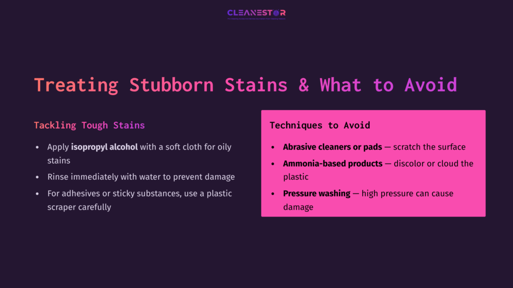6 Treating Stubborn Stains And What To Avoid 1 Text On A Dark Background Detailing Tips For Treating Stubborn Stains On Polycarbonate, With A Pink Box Highlighting Techniques To Avoid.