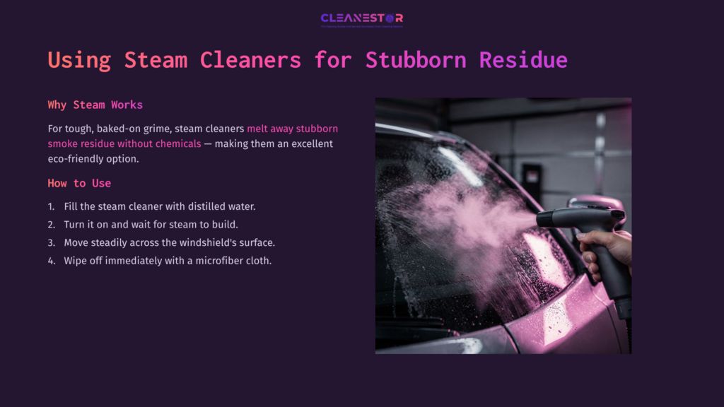 A Steam Cleaner Spraying Vapor Onto A Car Windshield, With Instructions Beside It On A Dark Purple Background.